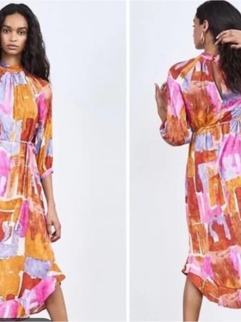 Maeve Multicolor Abstract Asymmetrical Midi Dress in Pink, Brown & Purple NWT - Picture 10 of 10